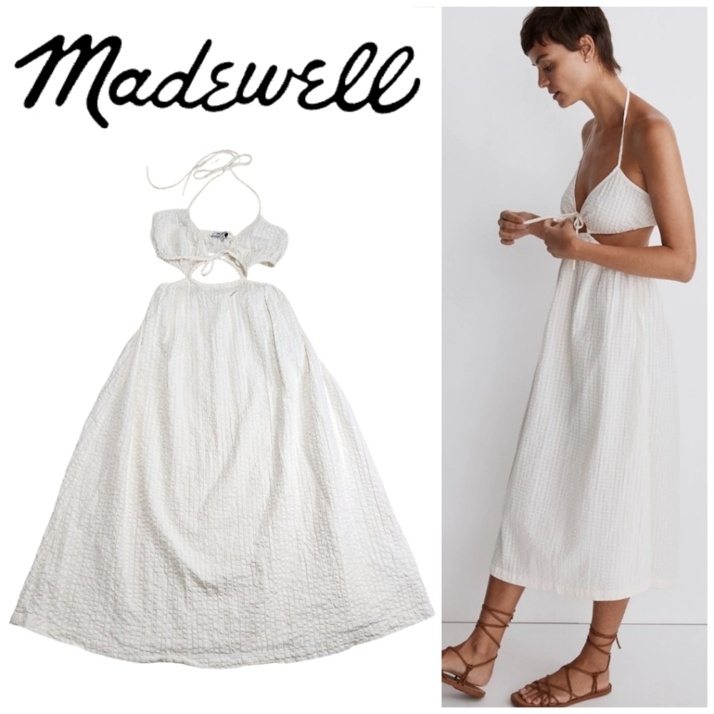 Madewell White Seersucker Cotton Halter Bandeau Cutout Midi Dress, Size Small